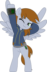 Size: 3253x5000 | Tagged: safe, artist:jhayarr23, imported from derpibooru, oc, oc:littlepip, pegasus, pony, fallout equestria, bipedal, clothes, commissioner:solar aura, female, jumpsuit, one eye closed, pegapip, pegasus littlepip, pipbuck, race swap, simple background, solo, stretching, transparent background, vault suit