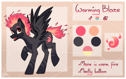 Size: 1600x1000 | Tagged: safe, artist:lambydwight, imported from derpibooru, oc, oc only, oc:warming blaze, pegasus, pony, mane of fire, reference sheet