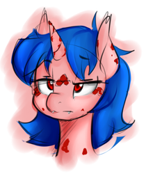 Size: 650x775 | Tagged: safe, artist:jovalic, imported from derpibooru, oc, oc only, oc:frosty flare, unicorn, fangs, female, horn, poker face, spotted, unicorn oc