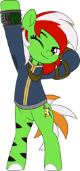 Size: 2364x5000 | Tagged: safe, artist:jhayarr23, imported from derpibooru, oc, oc:wandering sunrise, earth pony, pony, fallout equestria, fallout equestria: dead tree, bipedal, clothes, commissioner:solar aura, earth pony oc, one eye closed, solo, stretching