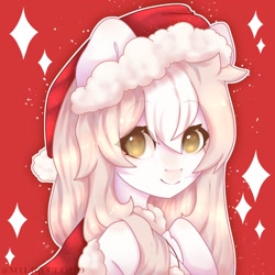 Size: 1400x1400 | Tagged: safe, artist:cofiiclouds, imported from derpibooru, oc, oc only, oc:glassy mind, earth pony, pony, christmas, hat, holiday, red background, santa hat, simple background, solo