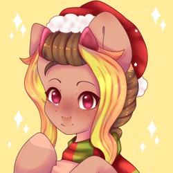 Size: 1400x1400 | Tagged: safe, artist:cofiiclouds, imported from derpibooru, oc, oc only, earth pony, pony, christmas, clothes, hat, holiday, santa hat, scarf, simple background, solo, yellow background