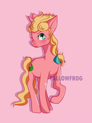 Size: 2435x3235 | Tagged: artist needed, safe, imported from derpibooru, oc, earth pony, pony, anime, blonde hair, blonde mane, blue eyes, braid, closed mouth, curly hair, earth pony oc, eyelashes, giorno giovanna, golden wind, horn, jojo's bizarre adventure, leaf, looking at you, meta, oc name needed, pink background, pink skin, ponified, pony oc, simple background, twitter, twitter link, vento aureo, watermark, wavy mane