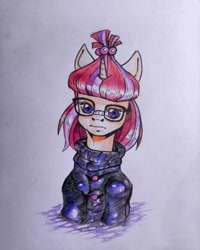 Size: 1080x1350 | Tagged: safe, artist:kotle1ka, imported from derpibooru, moondancer, pony, unicorn, glasses, jumper, simple background, solo, traditional art, white background