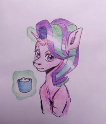 Size: 581x683 | Tagged: safe, artist:kotle1ka, imported from derpibooru, starlight glimmer, pony, unicorn, cup, food, magic, simple background, solo, tea, teacup, telekinesis, traditional art, white background