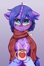 Size: 461x680 | Tagged: safe, artist:freak-side, imported from derpibooru, oc, oc only, unicorn, clothes, floppy ears, holding hooves, hooves, looking at you, scarf, sick, smiling, solo, thermometer