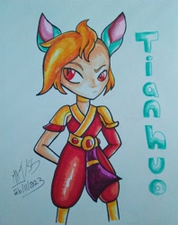 Size: 3000x3780 | Tagged: safe, artist:maj, imported from derpibooru, human, them's fightin' herds, 2023, animal ears, community related, dated, humanized, signature, simple background, solo, tianhuo (tfh), traditional art, white background