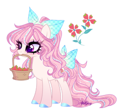 Size: 1280x1179 | Tagged: safe, artist:gloriaartist, imported from derpibooru, oc, oc only, earth pony, basket, bow, food, hair bow, mouth hold, simple background, solo, strawberry, tail, tail bow, transparent background