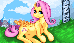 Size: 2048x1188 | Tagged: safe, artist:kotle1ka, imported from derpibooru, fluttershy, pegasus, pony, cloud, grass, mountain, pixel art, solo