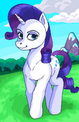 Size: 1170x1820 | Tagged: safe, artist:kotle1ka, imported from derpibooru, rarity, pony, unicorn, cloud, grass, mountain, pixel art, solo