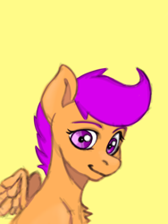 Size: 768x1024 | Tagged: safe, artist:kotle1ka, imported from derpibooru, scootaloo, pegasus, pony, bust, eyebrows, female, filly, foal, looking at you, portrait, simple background, smiling, solo, spread wings, wings, yellow background