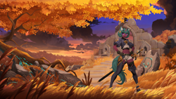 Size: 2205x1241 | Tagged: safe, artist:dogs, derpibooru exclusive, imported from derpibooru, oc, oc only, anthro, anthro oc, collage, photoshop, ruins, scenery, sword, tree, weapon