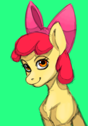 Size: 1003x1441 | Tagged: safe, artist:kotle1ka, imported from derpibooru, apple bloom, earth pony, pony, bow, bust, female, filly, foal, green background, hair bow, portrait, simple background, smiling, solo