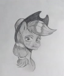 Size: 1720x2048 | Tagged: safe, artist:kotle1ka, imported from derpibooru, applejack, applejack's hat, cowboy hat, grayscale, hat, monochrome, pencil drawing, solo, traditional art