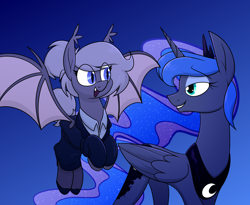 Size: 2212x1817 | Tagged: safe, artist:moonatik, imported from derpibooru, princess luna, oc, oc:selenite, alicorn, bat pony, pony, bat pony oc, clothes, crown, cute, eyeshadow, female, jewelry, looking at each other, looking at someone, makeup, mare, peytral, regalia, spread wings, suit, wings
