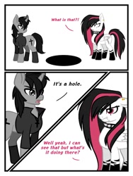 Size: 960x1280 | Tagged: safe, artist:nerdial, artist:ruchiyoto, imported from derpibooru, oc, oc only, oc:black cross, oc:emala jiss, pony, unicorn, zebra, comic:the hole (meme), comic, female, male, mare, stallion