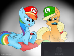 Size: 1024x784 | Tagged: safe, artist:sarikashy, imported from derpibooru, applejack, rainbow dash, earth pony, pegasus, pony, cap, controller, duo, female, gaming, hat, luigi's hat, lying down, mare, mario's hat, nintendo switch, open mouth, playing video games, prone, signature, sitting, tongue out