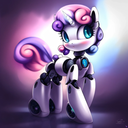 Size: 2048x2048 | Tagged: safe, imported from derpibooru, sweetie belle, pony, robot, robot pony, unicorn, ai content, ai generated, blushing, generator:purplesmart.ai, generator:stable diffusion, solo, sweetie bot, wrong eye color
