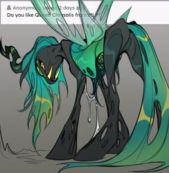 Size: 2048x2100 | Tagged: safe, artist:glacierclear, imported from derpibooru, queen chrysalis, changeling, changeling queen, goo, ask, fangs, female, gray background, grin, horn, multiple eyes, simple background, slit pupils, smiling, solo, spread wings, text, wings