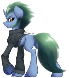 Size: 3213x3654 | Tagged: safe, artist:thatonegib, imported from derpibooru, oc, oc only, oc:cleansing cold, pony, unicorn, clothes, ear piercing, earring, jacket, jewelry, leather, leather jacket, looking at you, looking back, looking back at you, male, piercing, signature, simple background, skinny, slim, solo, stallion, transparent background, unshorn fetlocks, yellow eyes