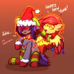Size: 2000x2000 | Tagged: safe, artist:freak-side, imported from derpibooru, oc, oc:gray summit, oc:july vortex, earth pony, pegasus, pony, bell, bell collar, blushing, christmas, clothes, collar, duo, female, garland, glasses, happy new year, hat, holiday, male, santa hat, simple background, smiling, socks, text, tinsel