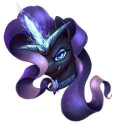 Size: 1468x1594 | Tagged: safe, artist:thatonegib, imported from derpibooru, nightmare rarity, pony, unicorn, bust, collar, female, flowing mane, glowing, glowing horn, horn, jewelry, looking at you, mare, necklace, portrait, simple background, solo, transparent background