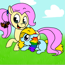 Size: 797x803 | Tagged: safe, artist:chandelurres, imported from derpibooru, fluttershy, oc, butterfly, pegasus, pony, cloud, duo, female, grass, mare