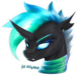 Size: 2954x2884 | Tagged: safe, artist:thatonegib, imported from derpibooru, oc, oc only, oc:lingwave, changeling, bust, changeling oc, ear piercing, earring, eyelashes, eyeshadow, jewelry, looking at you, makeup, multicolored hair, neck rings, paint tool sai, paint tool sai 2, piercing, portrait, signature, simple background, smiling, solo, teeth, transparent background