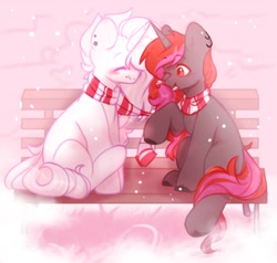 Size: 884x843 | Tagged: safe, artist:cofiiclouds, imported from derpibooru, oc, oc only, pony, unicorn, bench, duo