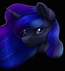 Size: 2628x2864 | Tagged: safe, artist:thatonegib, imported from derpibooru, princess luna, alicorn, pony, black background, ethereal mane, female, horn, livestream, looking at you, patreon, patreon link, simple background, solo