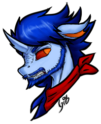 Size: 1604x1956 | Tagged: safe, artist:thatonegib, imported from derpibooru, oc, oc only, changedling, changeling, bandana, beard, black outlines, bust, changedling oc, changeling oc, curved horn, facial hair, horn, looking back, male, moustache, neckerchief, reaction image, serious, serious face, signature, simple background, solo, transparent background