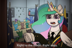 Size: 3909x2625 | Tagged: safe, artist:selenophile, imported from derpibooru, princess celestia, princess luna, alicorn, pony, clothes, detailed background, dictator, flag, glasses, meme, open mouth, parks and recreation, s1 luna, underhoof
