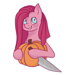 Size: 800x900 | Tagged: safe, artist:cloudbrownie, imported from derpibooru, pinkie pie, earth pony, pony, female, halloween, holiday, knife, mare, pinkamena diane pie, pumpkin, pumpkin carving, simple background, solo, transparent background