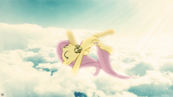 Size: 1920x1080 | Tagged: safe, artist:drakesparkle44, artist:flutterguy317, edit, imported from derpibooru, fluttershy, pegasus, pony, cloud, eyes closed, female, goggles, lighting, mare, sky, smiling, solo, stars, sunlight, wallpaper, wallpaper edit, watermark