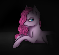 Size: 900x831 | Tagged: safe, artist:cloudbrownie, imported from derpibooru, pinkie pie, earth pony, pony, dark background, female, hair over one eye, looking at you, lying down, mare, pinkamena diane pie, prone, side view, simple background, solo