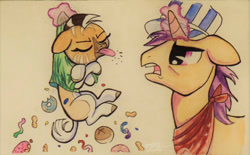 Size: 1024x635 | Tagged: safe, artist:peachykeenponies, imported from derpibooru, oc, oc only, oc:nia, pony, quagga, unicorn, zebra, conductor, female, filly, foal, magic, raspberry, tongue out