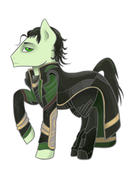 Size: 900x1171 | Tagged: safe, artist:cloudbrownie, imported from derpibooru, earth pony, pony, avengers, crossover, loki, looking at you, male, mischievous, ponified, raised hoof, side view, simple background, solo, stallion, transparent background