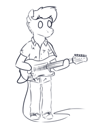 Size: 1244x1648 | Tagged: safe, artist:toanderic, imported from derpibooru, oc, oc only, oc:toanderic, semi-anthro, chibi, clothes, converse, electric guitar, guitar, hawaiian shirt, musical instrument, shirt, shoes, sketch, solo