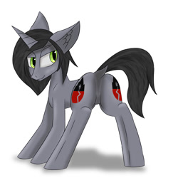 Size: 2000x2000 | Tagged: safe, alternate version, artist:astaroth666, imported from derpibooru, pony, unicorn, butt, commission, disguise, disguised siren, dock, ear fluff, ears back, featureless crotch, horn, kellin quinn, looking at you, looking back, looking back at you, male, plot, ponified, raised tail, simple background, slit pupils, solo, stallion, tail, white background, ych result