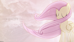 Size: 1920x1080 | Tagged: safe, artist:cloudy glow, artist:drakesparkle44, edit, imported from derpibooru, fluttershy, pegasus, pony, eyes closed, female, mare, mountain, mountain range, smiling, solo, wallpaper, wallpaper edit, watermark, windswept mane