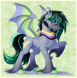 Size: 1225x1228 | Tagged: safe, artist:thatonegib, derpibooru exclusive, imported from derpibooru, oc, oc only, bat pony, bandana, bat pony oc, bat wings, commission, looking at you, multicolored hair, neckerchief, raised hoof, smiling, solo, unshorn fetlocks, wings, ych result