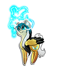 Size: 2400x3036 | Tagged: safe, artist:marrow-pony, imported from derpibooru, oc, oc only, pegasus, pony, black mane, cyan eyes, cyan mane, happy, multicolored mane, simple background, smiling, solo, sparks, tail, transparent background, white mane, white tail, wings, yellow coat