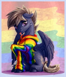 Size: 1051x1226 | Tagged: safe, artist:thatonegib, derpibooru exclusive, imported from derpibooru, oc, oc only, pegasus, clothes, commission, hoodie, looking at you, pride, pride flag, raised hoof, smiling, solo, unshorn fetlocks, ych result