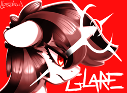 Size: 1080x791 | Tagged: safe, artist:llametsul, imported from derpibooru, oc, oc only, oc:blackjack, pony, unicorn, fallout equestria, fallout equestria: project horizons, angry, female, floppy ears, glare, mare, monochrome, red background, signature, simple background, solo