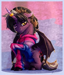 Size: 1051x1226 | Tagged: safe, artist:thatonegib, derpibooru exclusive, imported from derpibooru, oc, oc only, oc:delta riel-delano, alicorn, bat pony, bat pony alicorn, bat wings, bisexual pride flag, clothes, commission, heterochromia, hoodie, horn, horn ring, looking at you, pride, pride flag, raised hoof, ring, smiling, solo, unshorn fetlocks, wings, ych result