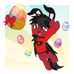 Size: 5000x5000 | Tagged: safe, artist:jhayarr23, imported from derpibooru, bat pony, pony, basket, bat wings, clothes, commission, ear fluff, easter, easter egg, egg, fall out boy, fangs, folded wings, happy, holiday, hoodie, male, open mouth, pete wentz, ponified, shirt, slit pupils, solo, stallion, undershirt, wings, ych result