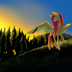 Size: 4200x4200 | Tagged: safe, artist:marrow-pony, imported from derpibooru, oc, pegasus, pony, absurd resolution, ear fluff, forest background, pink eyes, pink mane, raised hoof, solo, spread wings, sunset, wings, yellow coat