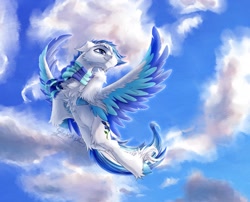 Size: 1540x1242 | Tagged: safe, artist:thatonegib, imported from derpibooru, oc, oc only, pegasus, clothes, cloud, colored wings, commission, flying, looking up, multicolored hair, multicolored wings, scarf, sky, smiling, solo, spread wings, unshorn fetlocks, wings, ych result