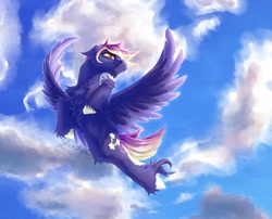 Size: 1540x1242 | Tagged: safe, artist:thatonegib, imported from derpibooru, oc, oc only, pegasus, cloud, commission, flying, looking up, multicolored hair, sky, smiling, solo, spread wings, unshorn fetlocks, wings, ych result