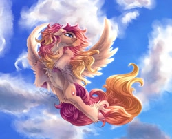 Size: 1540x1242 | Tagged: safe, artist:thatonegib, imported from derpibooru, oc, oc only, pegasus, cloud, commission, flying, long mane, long tail, looking up, multicolored hair, sky, smiling, solo, spread wings, tail, unshorn fetlocks, wings, ych result